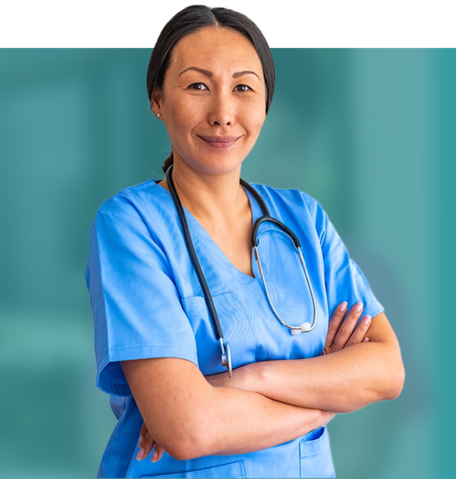Nurse with stehoscope smiling and crossing arms on a cutout blue green background