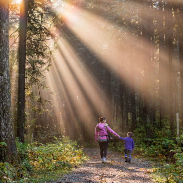 mother and her daughter in the forest holding hands